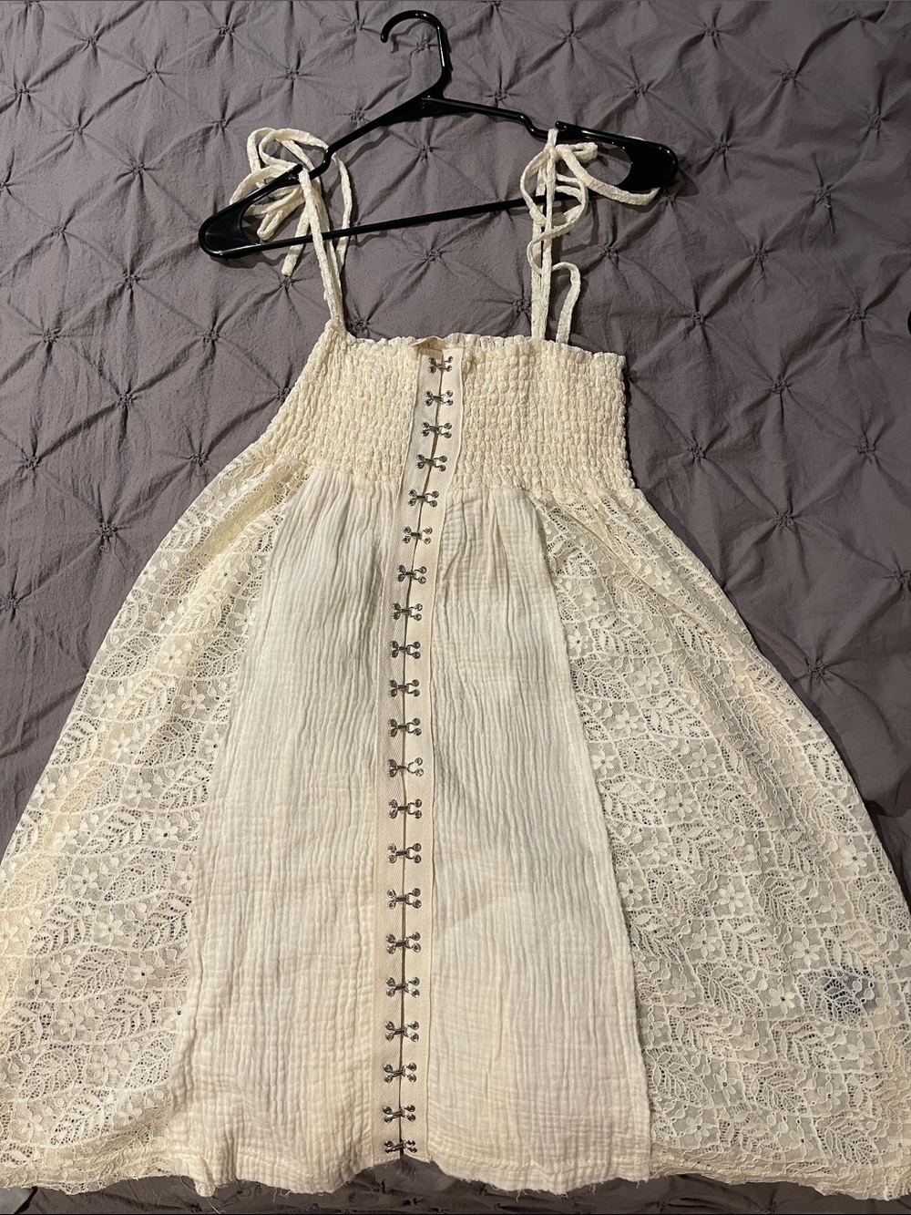 POL Cream Lace-Panel Smocked Mini Dress with Tie Straps